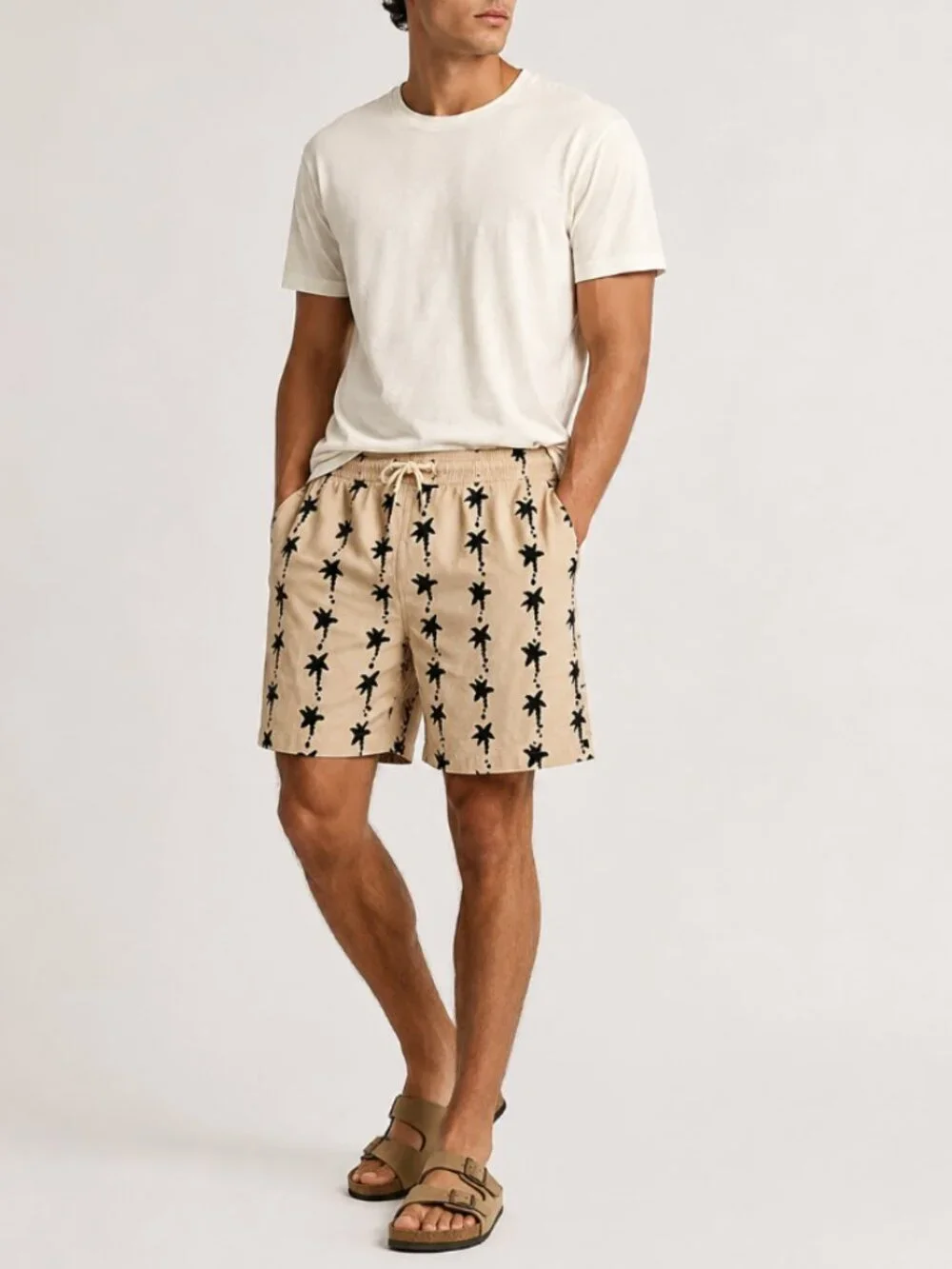 NWT Express Beige Black Palm Tree Linen Blend Drawstring Shorts Resort Size M